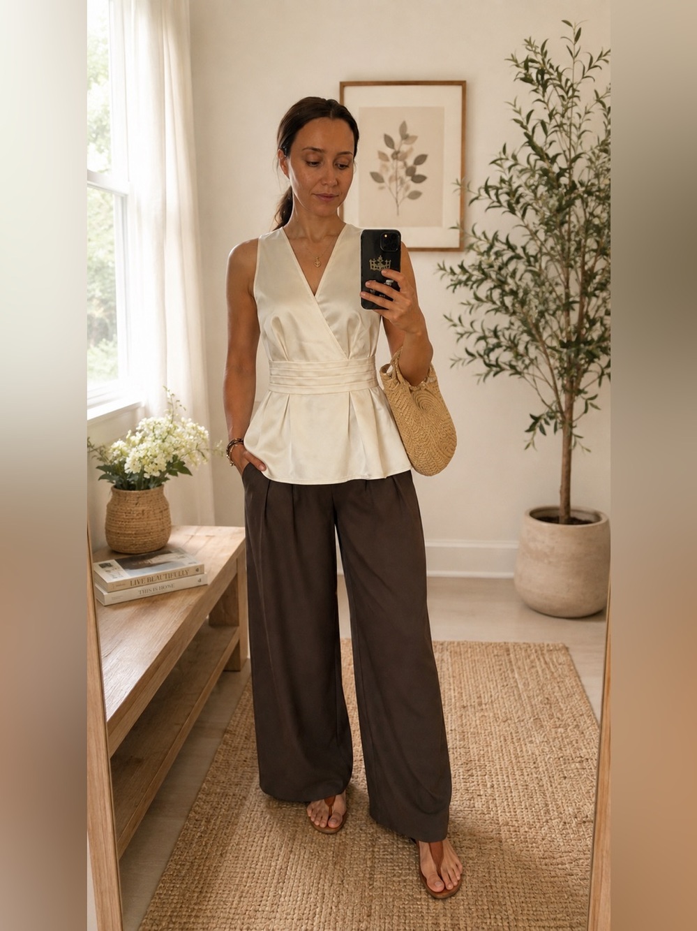Ivory Satin Peplum Wrap Top & Brown Wide-Leg Pants Set 🤎 Size M